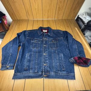 Wrangler Rugged Wear Jean Jacket XL Large Plaid Lined Denim Trucker Button